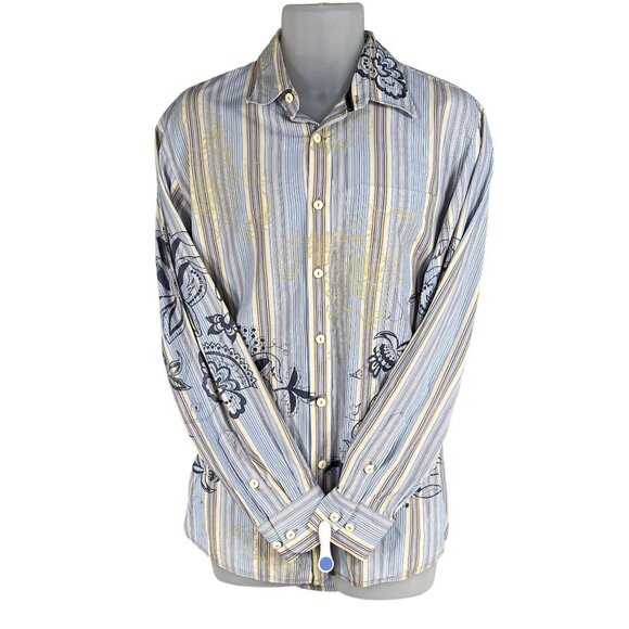 Tommy Bahama Mens L Indigo Palms Striped Front Back Graphic Button Up Shirt - Picture 4 of 15
